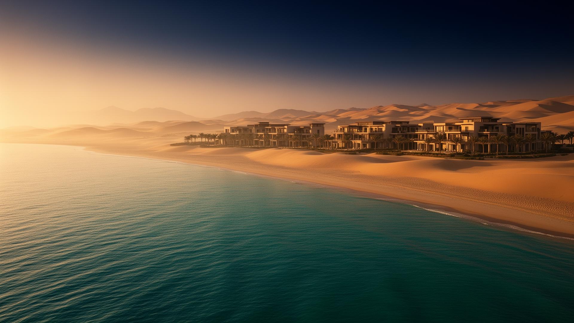 Saudi Red Sea coastline at golden hour with luxury resort